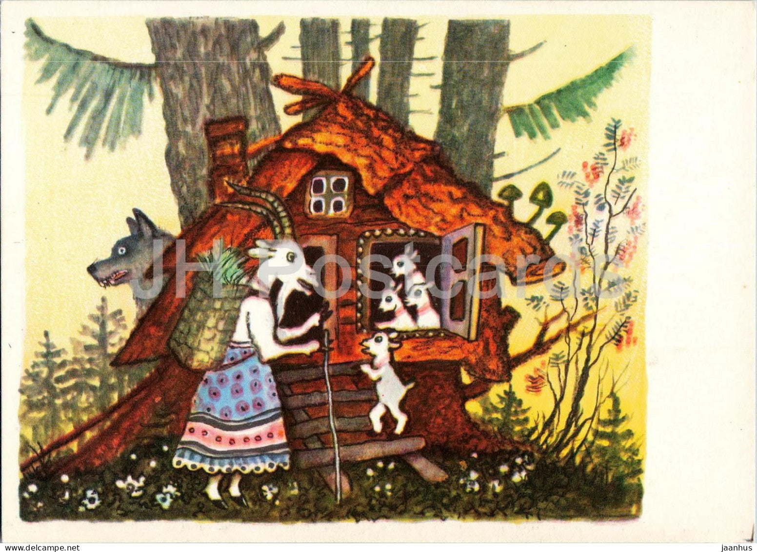 The Wolf and the Kids - goat - house - Russian Fairy Tales - illustration by Vasnetsov - 1969 - Russia USSR - unused - JH Postcards
