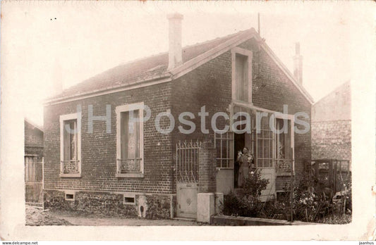 Woman with cats at House Entrance, Early Brick Home Scene - photo - old postcard - Belgium - used - JH Postcards