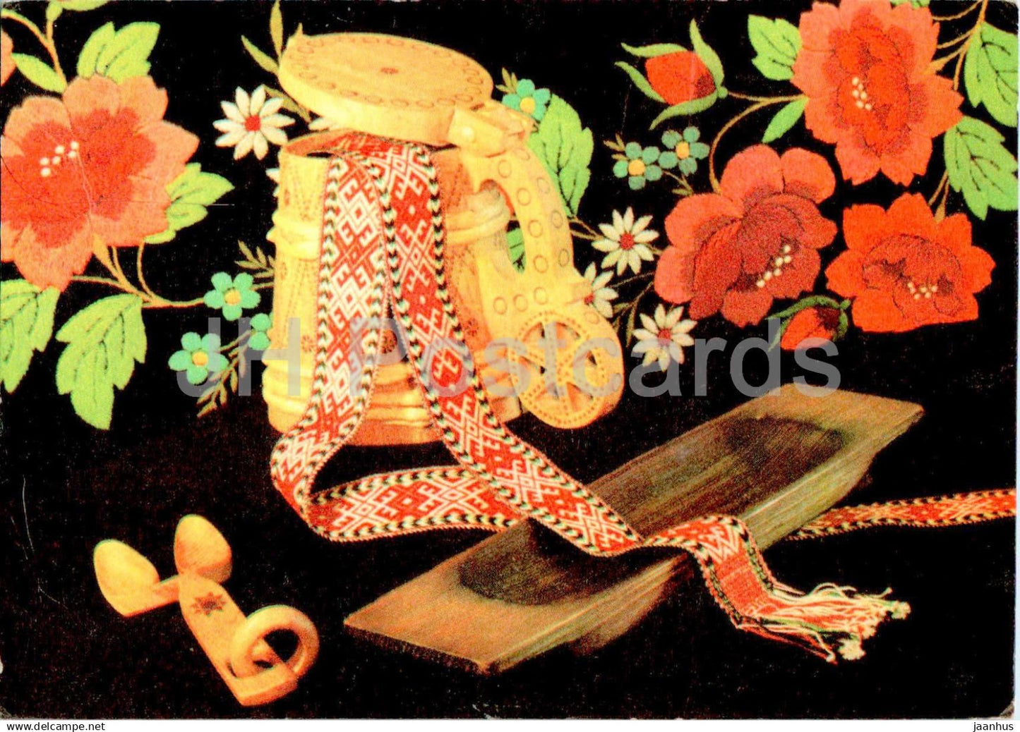 New Year Greeting Card - 2 - beer mug - belt of a national costumes - trough - 1969 - Estonia USSR - used - JH Postcards