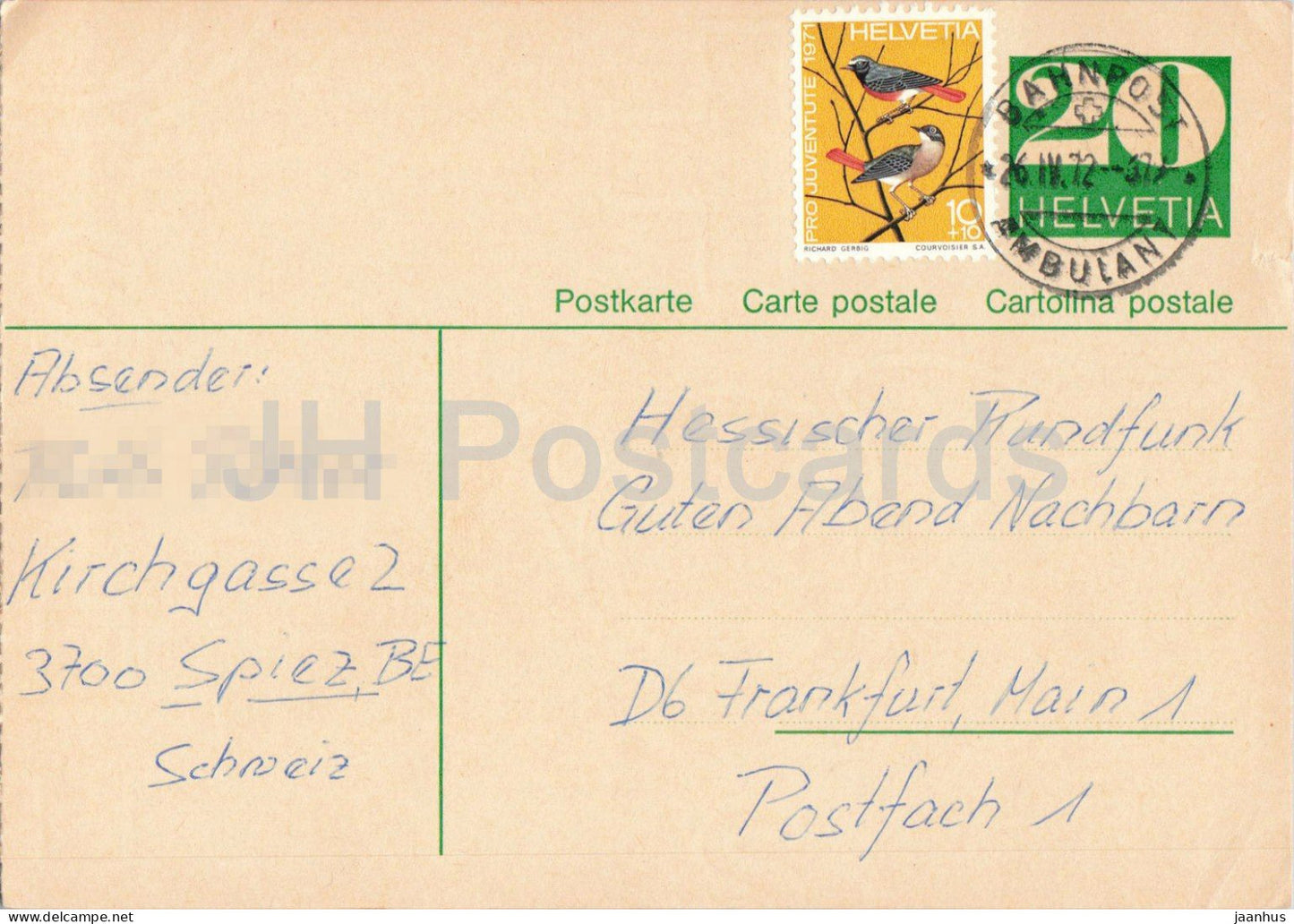 Guten Abend Nachbarn - Hessischer Rundfunk - postal stationery - 27 - 1972 - Switzerland - used - JH Postcards