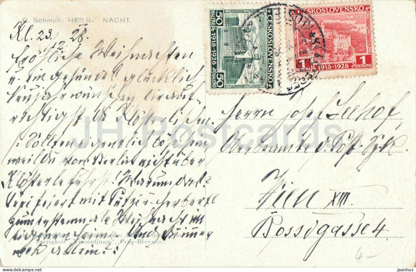 Illustration d'O. Schmidt - Sainte Nuit - carte postale ancienne - 1928 - République tchèque - utilisée