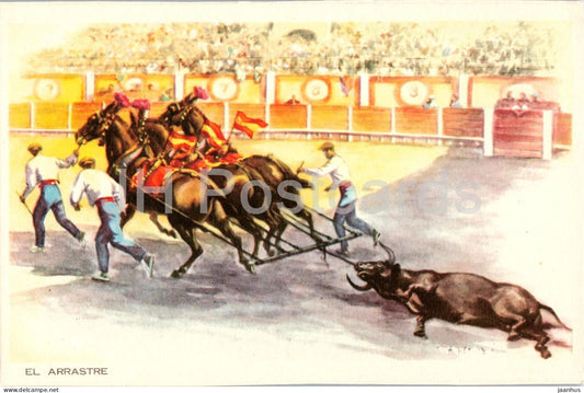 El Arrastre - Dragging of the Bull - bullfighting - matador - corrida arena - horse - old postcard - Spain - unused - JH Postcards