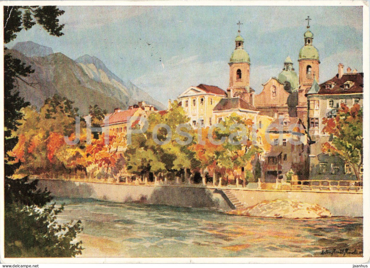 watercolor by Edo von Handel Mazzetti - Innsbruck - Inn river with parish church - old postcard - 1957 - Austria - used - JH Postcards