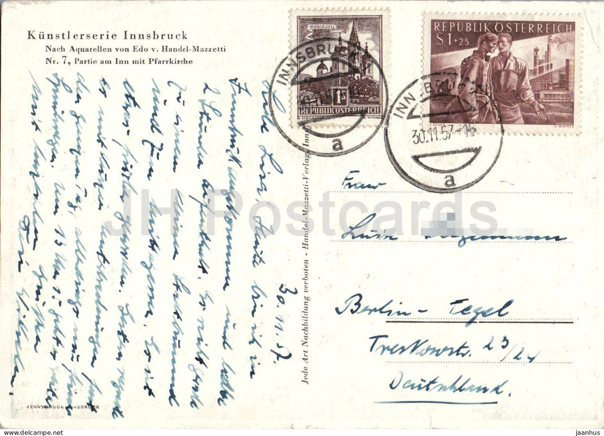 watercolor by Edo von Handel Mazzetti - Innsbruck - Inn river with parish church - old postcard - 1957 - Austria - used