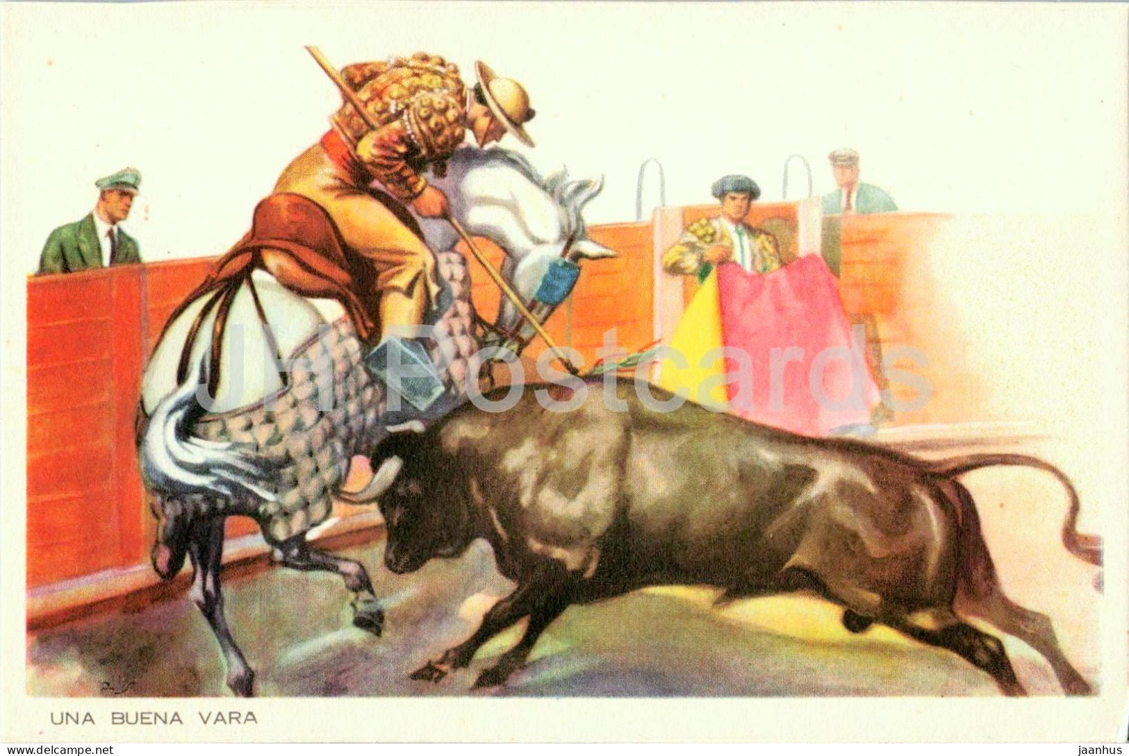 Una Buena Vara - horse - bullfighting - matador - bull - corrida arena - illustration - old postcard - Spain - unused - JH Postcards