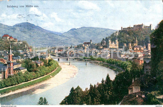 Salzburg von Mulln aus - river - panorama - old postcard - 1923 - Austria - used - JH Postcards