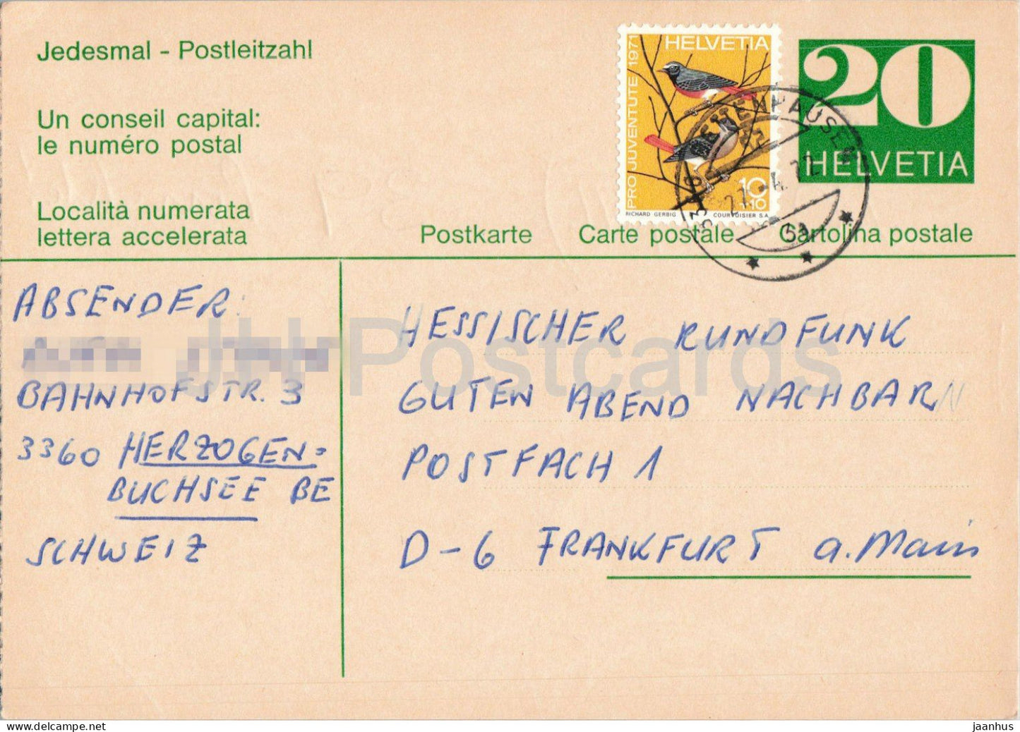 Guten Abend Nachbarn - Hessischer Rundfunk - postal stationery - 34 - 1972 - Switzerland - used - JH Postcards