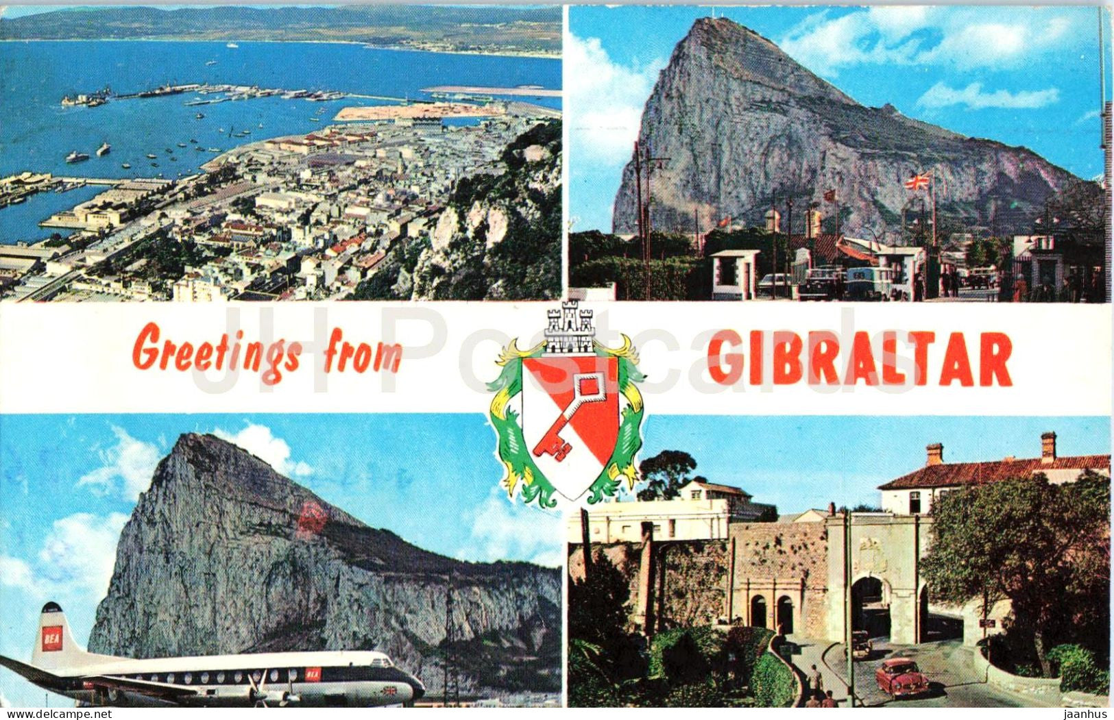 Greetings From Gibraltar - harbour - Rock airport - coat of arms - airplane - multiview - 1964 - Gibraltar - used - JH Postcards
