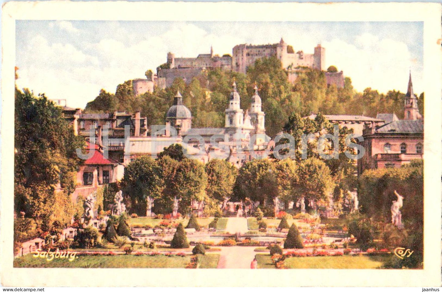 Salzburg - Mirabellgarten mit Dom und Festung - city view - old postcard - 1930s - Austria - used - JH Postcards