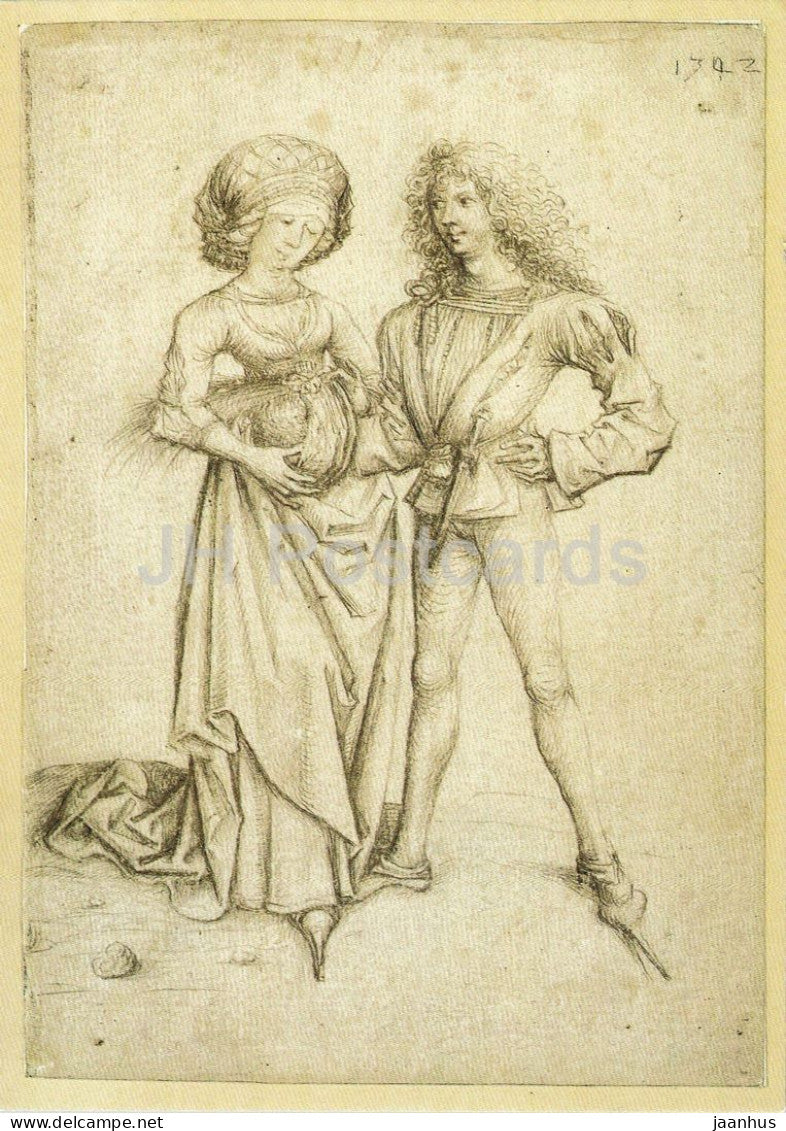 drawing by Master of the Housebook - Standing Young Couple - Stehendes jugendliches Paar - German art - Germany - unused - JH Postcards
