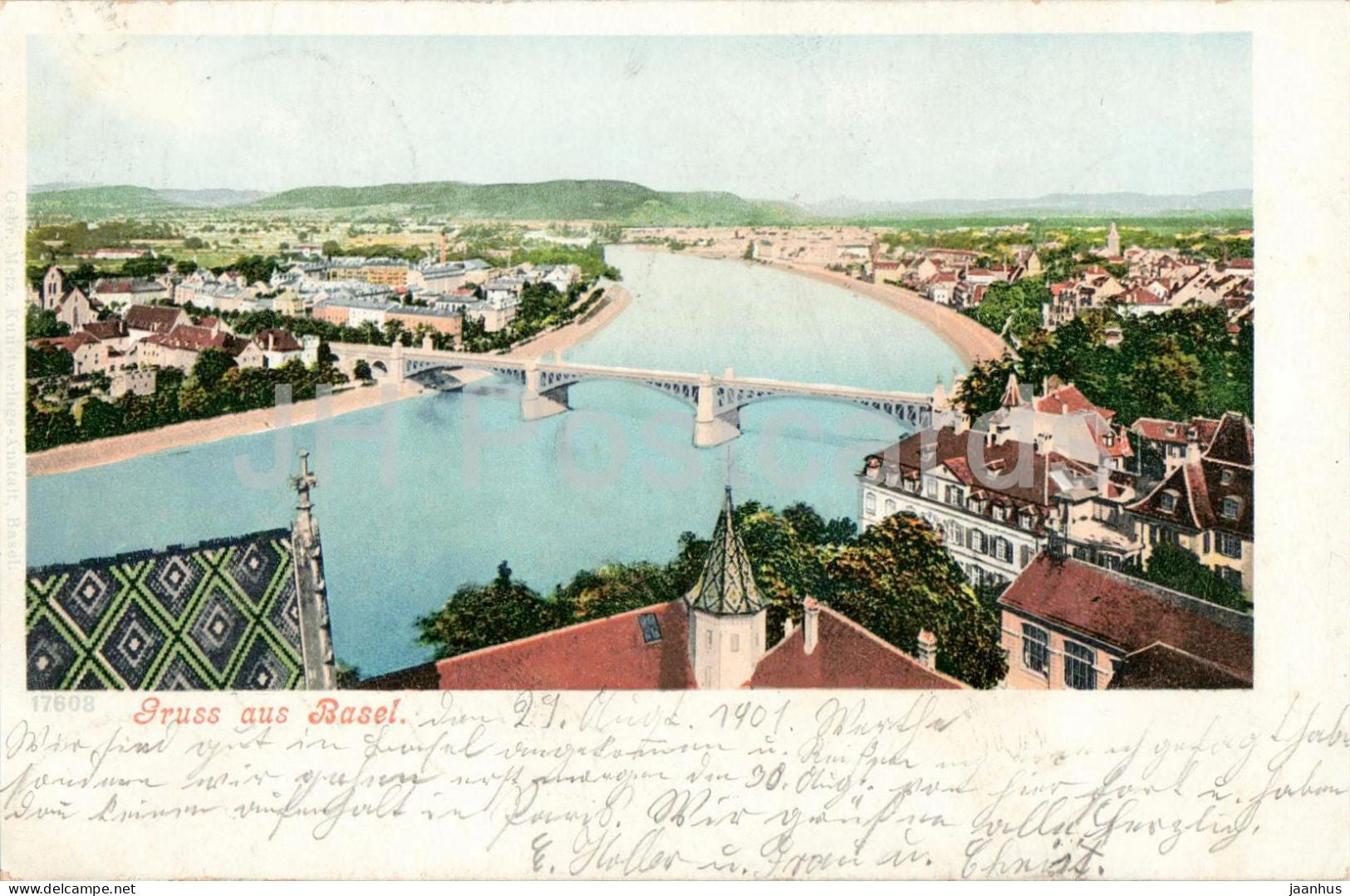 Gruss aus Basel - Wettsteinbrucke - Bridge - Rhine River - 17608 - old postcard - 1901 - Switzerland - used - JH Postcards
