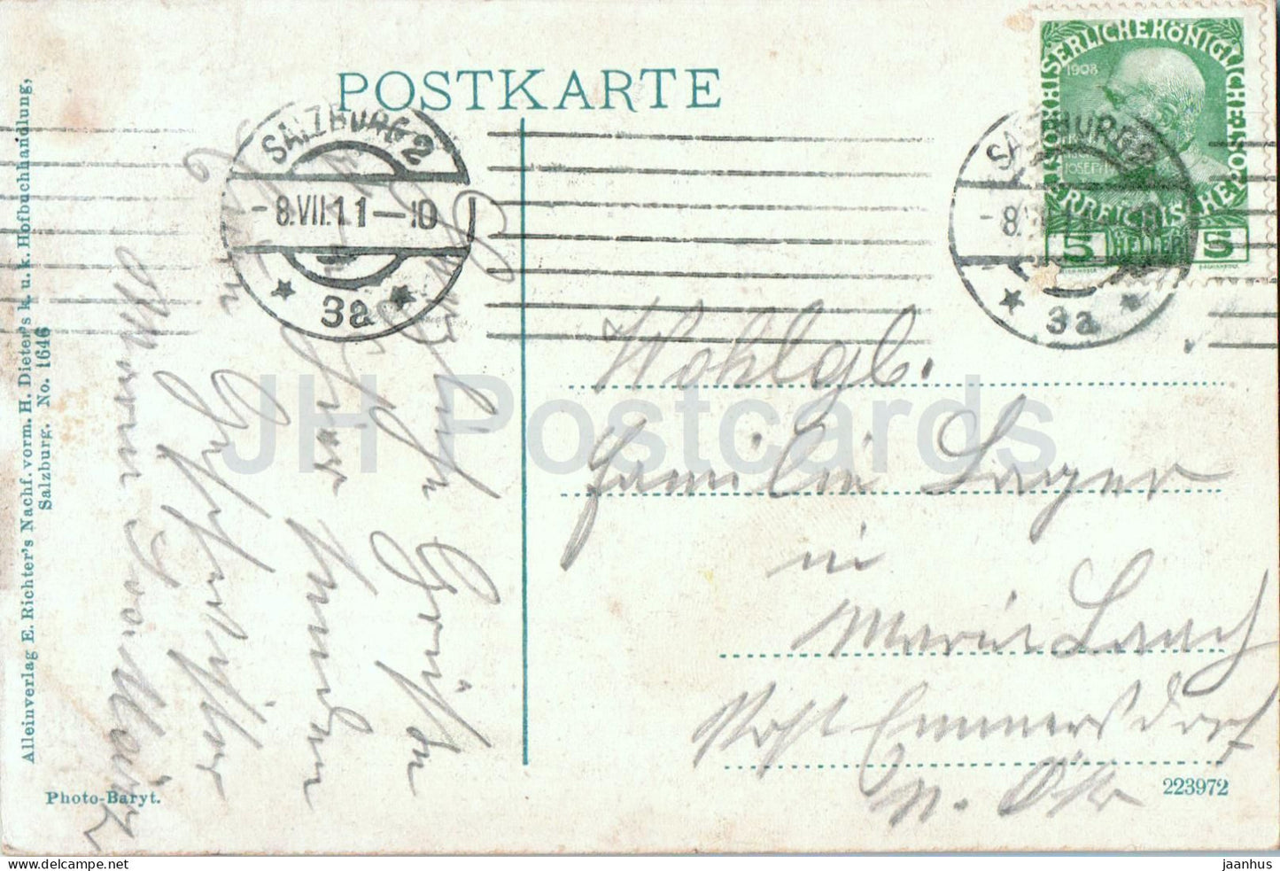 Salzbourg von Mulln - pont - montagnes - n° 223927 - carte postale ancienne - 1911 - Autriche - usagée 