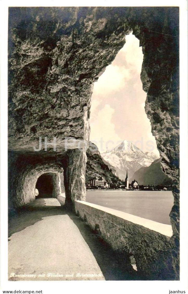 Axenstrasse mit Fluelen und Bristenstock - tunnel road lake mountains -2866 - old postcard - 1932 - Switzerland - used - JH Postcards