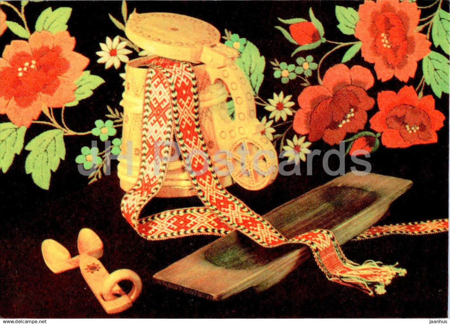 New Year Greeting Card - 3 - beer mug - belt of a national costumes - trough - 1969 - Estonia USSR - used - JH Postcards
