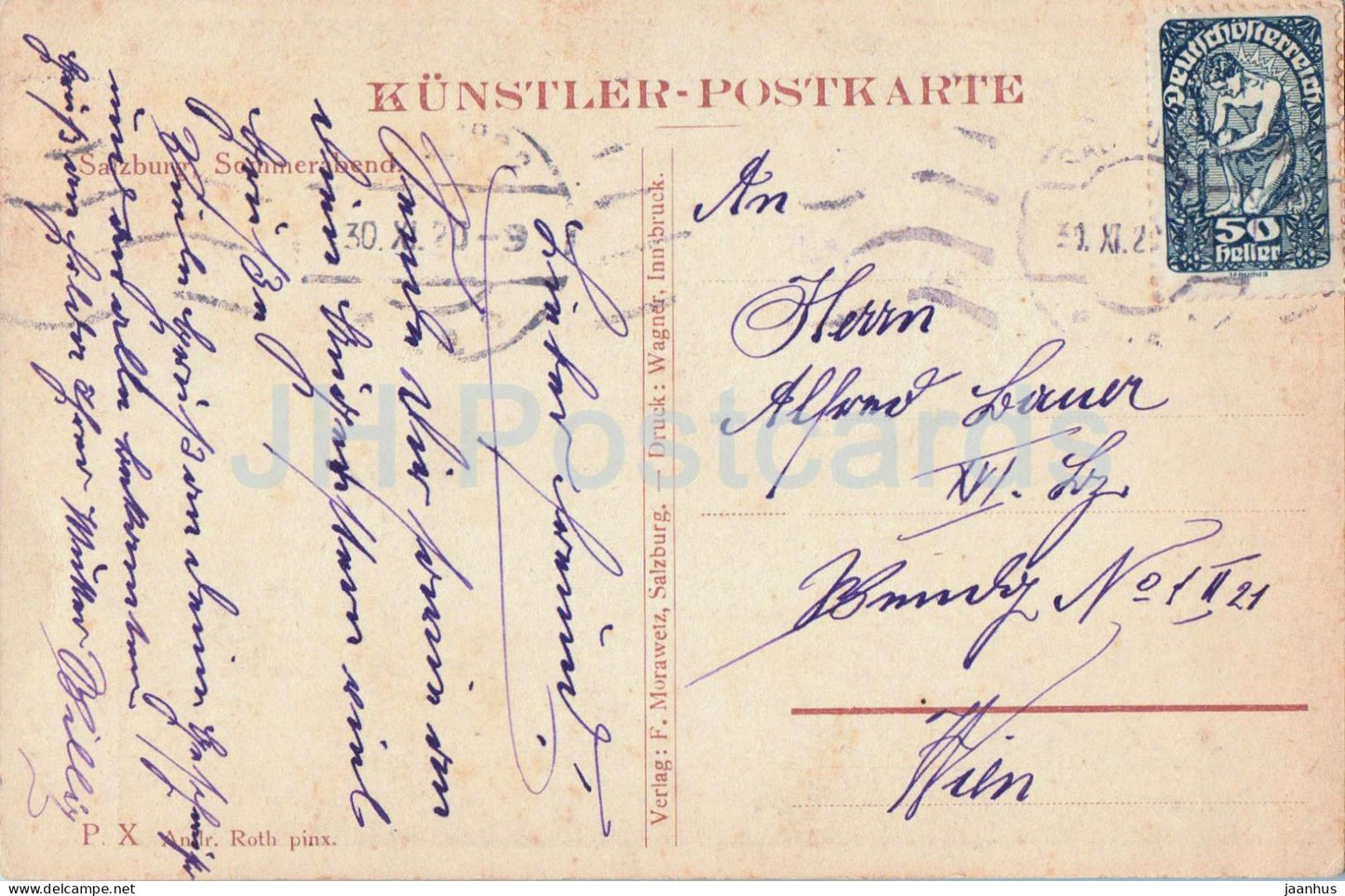 Salzburg - Sommerabend - illustration - old postcard - 1920 - Austria - used