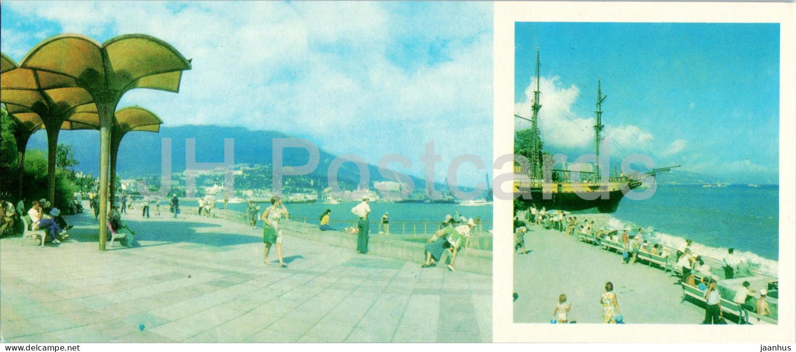 Yalta - Lenin Embankment - bar schuna Espanola - seaside - promenade - ship - Ukraine USSR - unused - JH Postcards