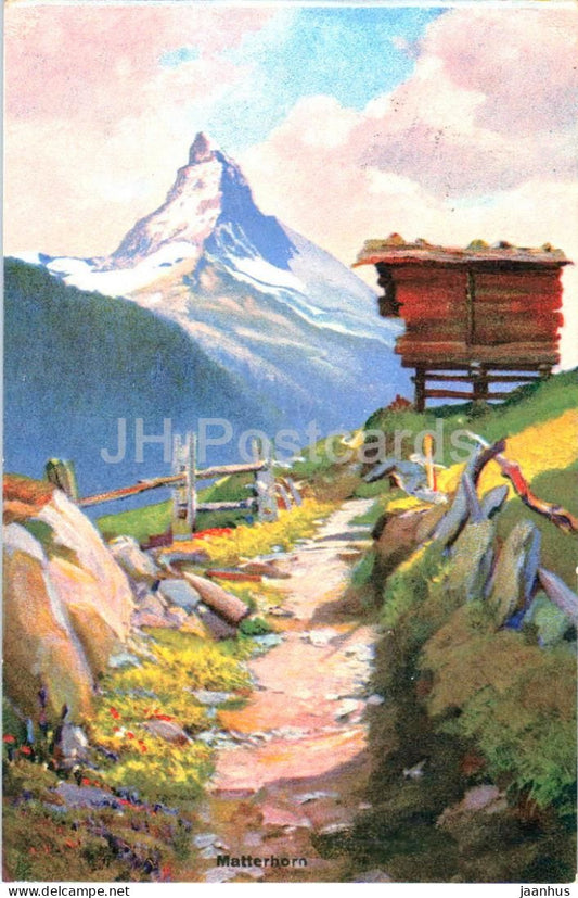 Matterhorn - mountain path - alpine hut - illustration - old postcard - 1925 - Switzerland - used - JH Postcards