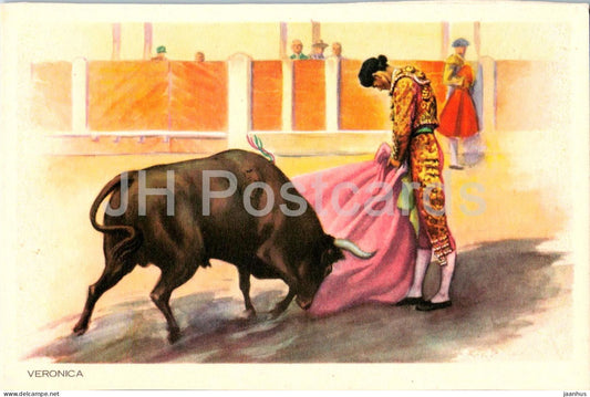 Veronica - bullfighting - matador - bull - corrida arena - illustration - old postcard - Spain - unused - JH Postcards