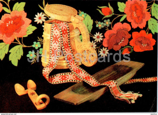 New Year Greeting Card - 4 - beer mug - belt of a national costumes - trough - 1969 - Estonia USSR - used - JH Postcards