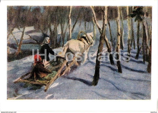 painting by Aleksei Stepanov - In Early Spring - horse - Russian art - old postcard - 1958 - Russia USSR - unused - JH Postcards