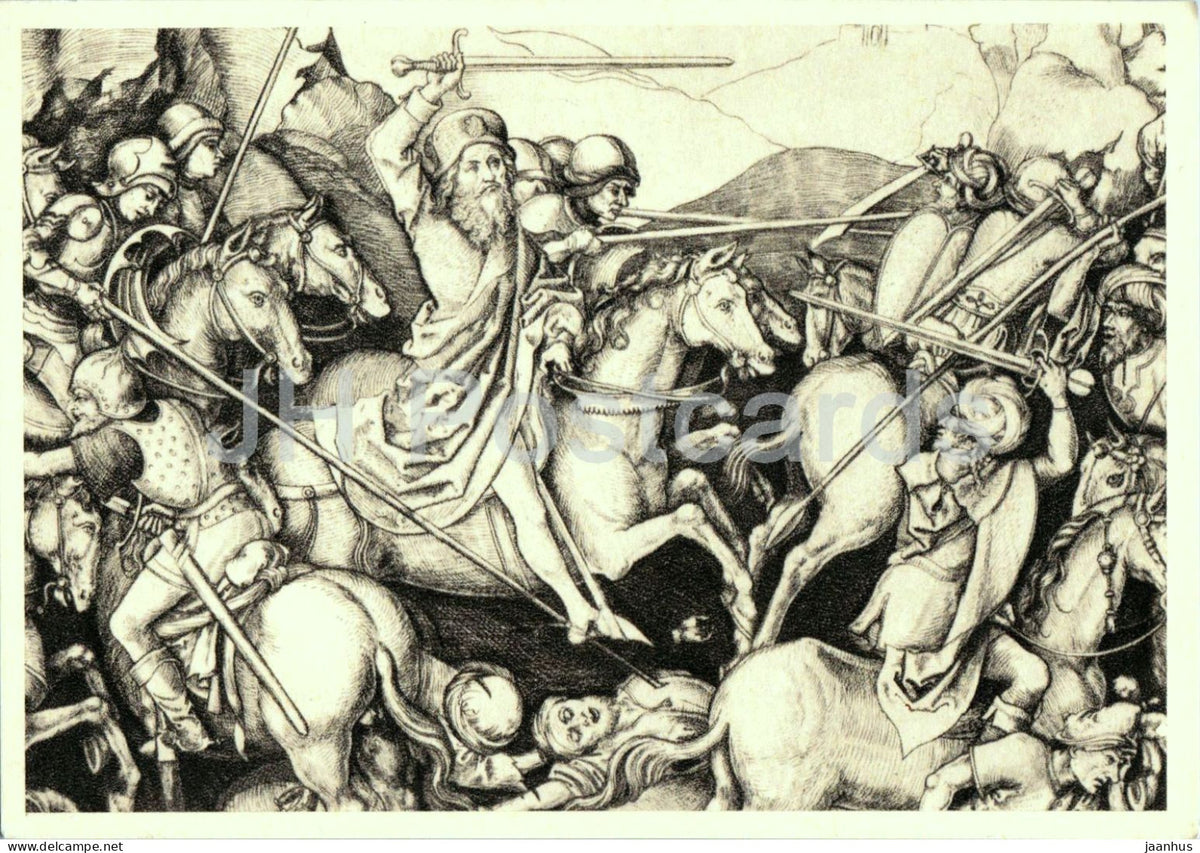 engraving by Martin Schongauer - The Battle of Saint James at Clarijo - horse - military - German art - France - unused - JH Postcards