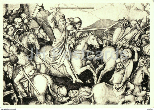 engraving by Martin Schongauer - The Battle of Saint James at Clarijo - horse - military - German art - France - unused - JH Postcards