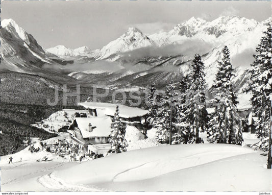Rosshutte 1750 m bei Seefeld - Tirol - mit Zugspitze 2964 m - mountain hut - winter - ski resort - 1970 - Austria - used - JH Postcards