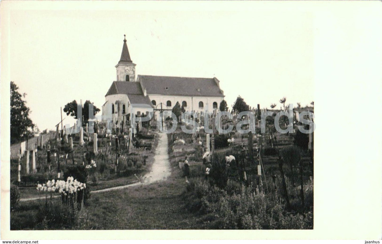 Kirche und Friedhof in Austria Osterreich ? - Church and Cemetery - hilltop view - olpostcard - Austria - unused - JH Postcards