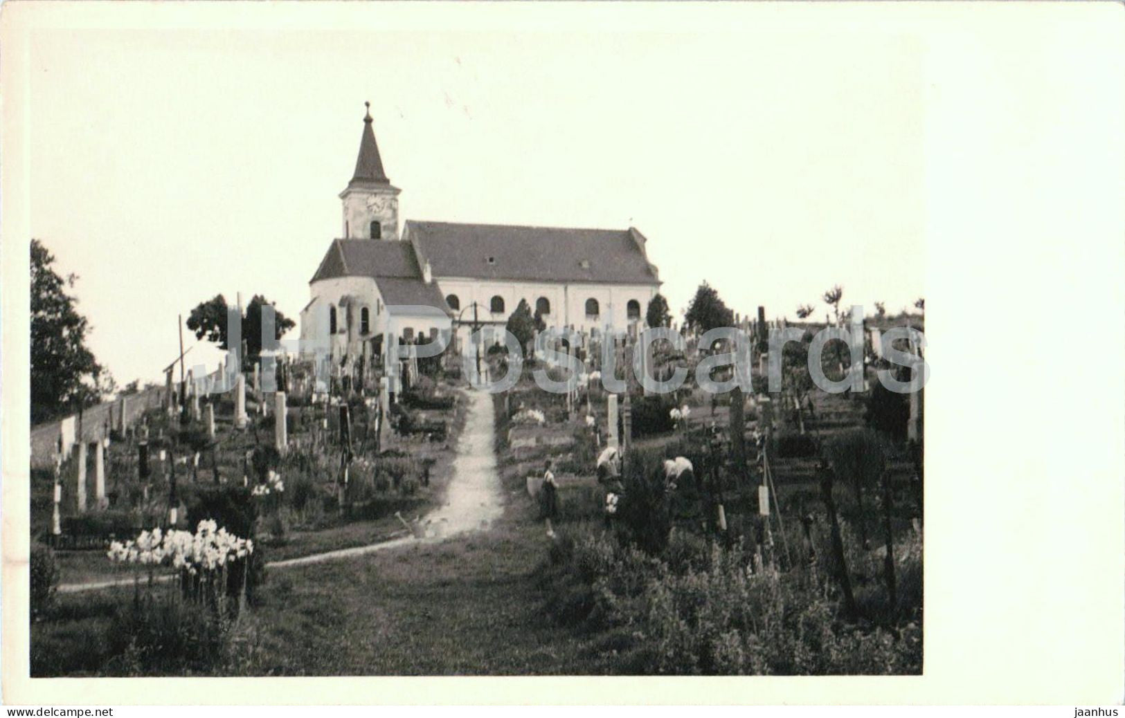 Kirche und Friedhof in Austria Osterreich ? - Church and Cemetery - hilltop view - olpostcard - Austria - unused - JH Postcards