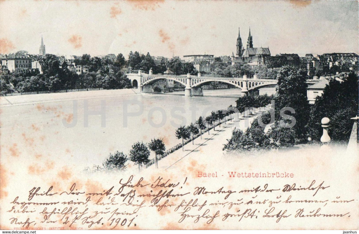 Basel - Wettsteinbrucke - bridge - Rhine River - Cathedral - Unfallversicherung old postcard - 1901 - Switzerland - used - JH Postcards
