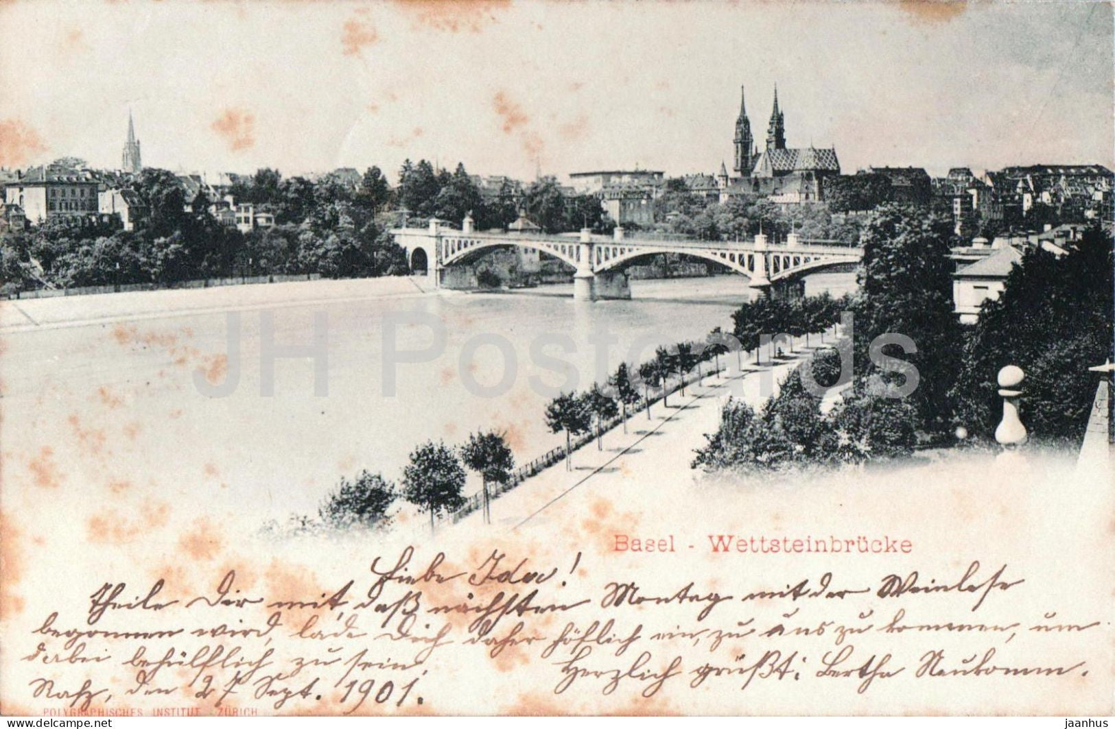 Basel - Wettsteinbrucke - bridge - Rhine River - Cathedral - Unfallversicherung old postcard - 1901 - Switzerland - used - JH Postcards