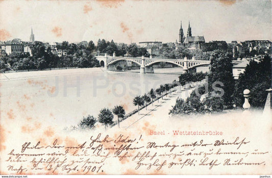 Basel - Wettsteinbrucke - bridge - Rhine River - Cathedral - Unfallversicherung old postcard - 1901 - Switzerland - used - JH Postcards