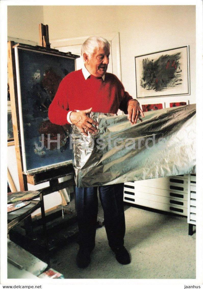 photograph of Rolf Faber in his studio - Alufoliecollagen exhibition invitation - 1996 - Germany - unused - JH Postcards