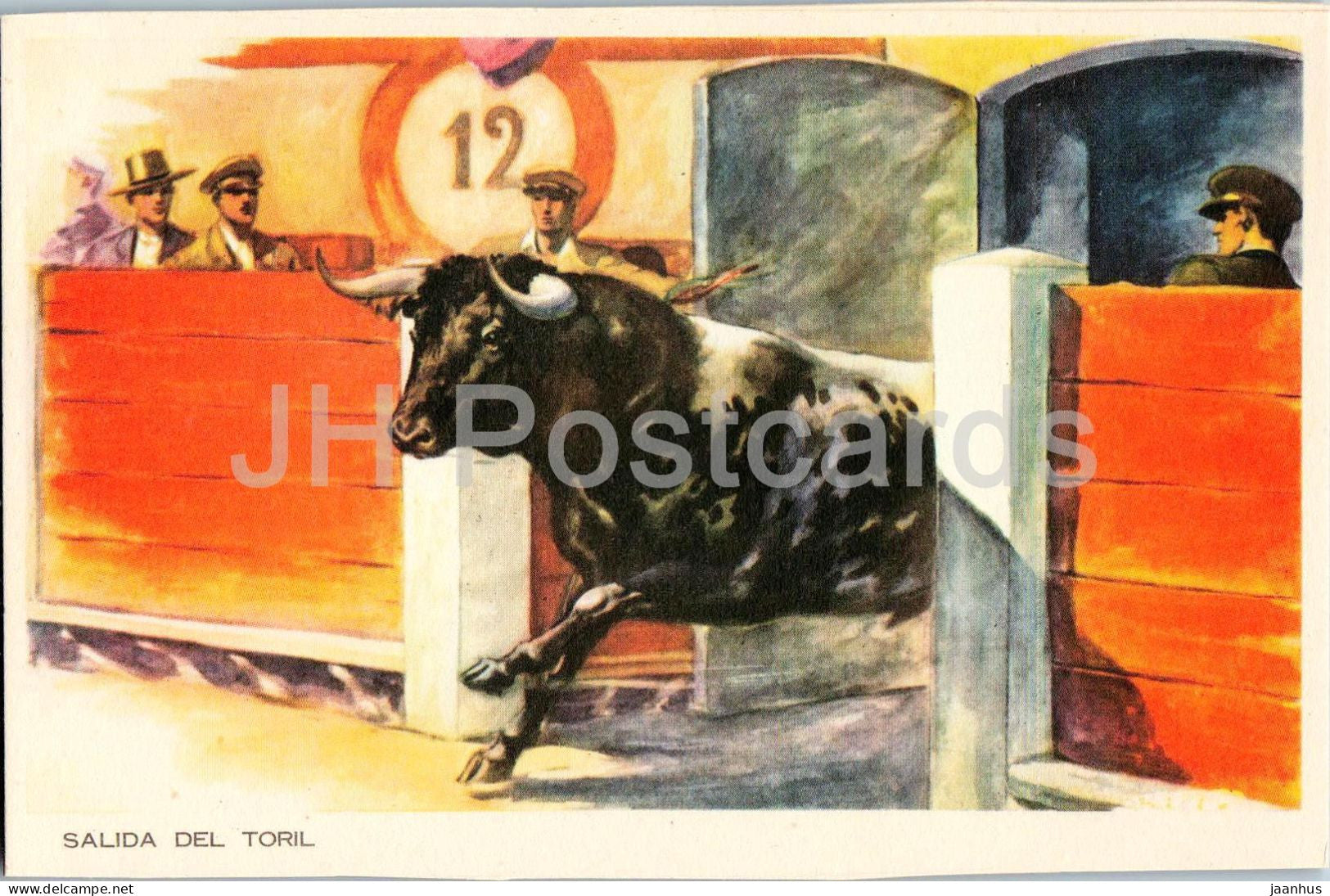 Salida del Toril - Exit from the Bull Pen - bullfighting corrida arena - illustration - old postcard - Spain - unused - JH Postcards