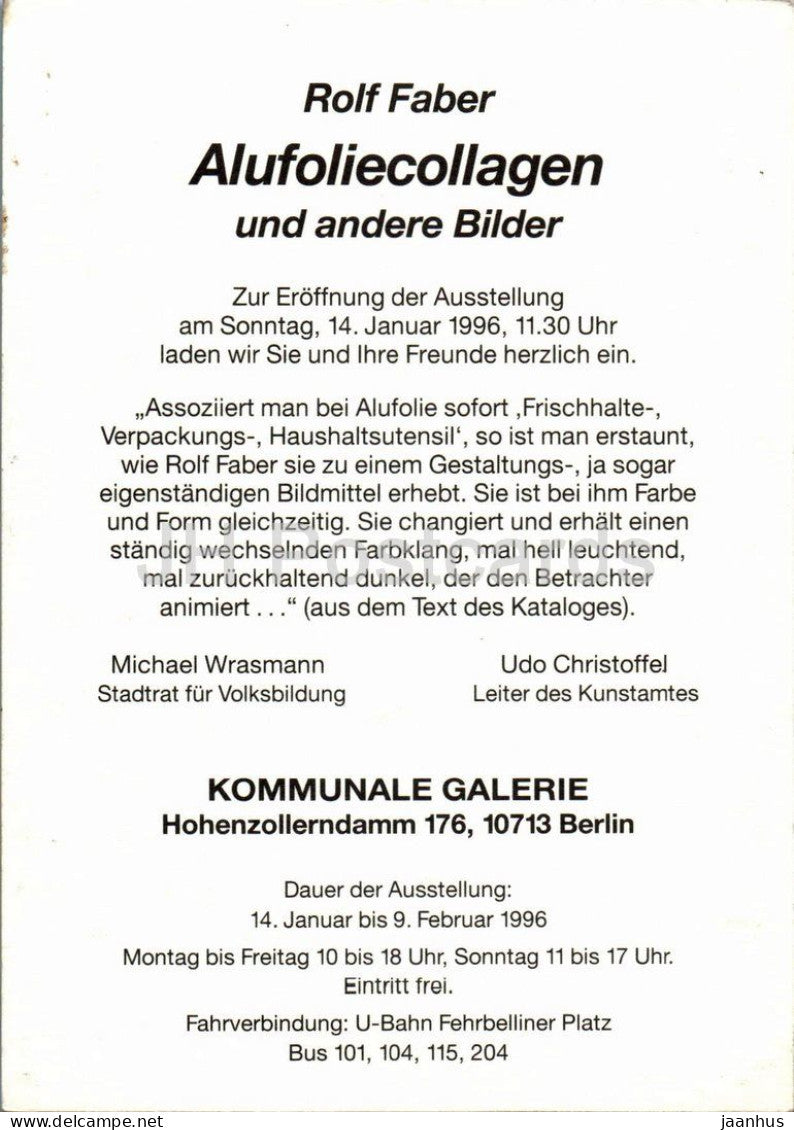 photograph of Rolf Faber in his studio - Alufoliecollagen exhibition invitation - 1996 - Germany - unused
