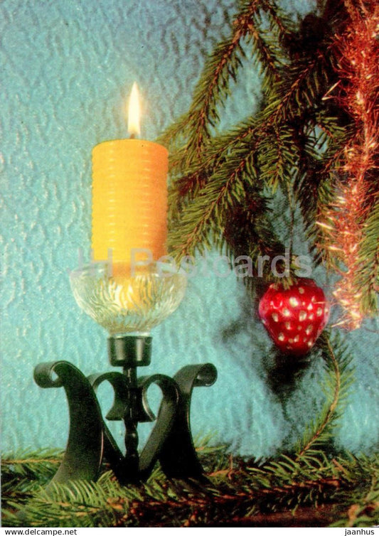 New Year Greeting card - 2 - candle - decorations - 1970 - Estonia USSR - used - JH Postcards