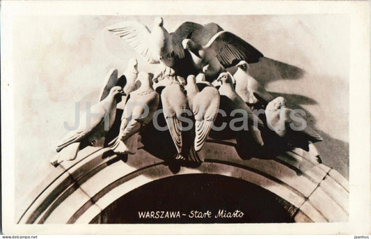 Warszawa - Warsaw - Stare Miasto - Old Town - sculpture - pigeons - detail - birds - old postcard - Poland - unused - JH Postcards
