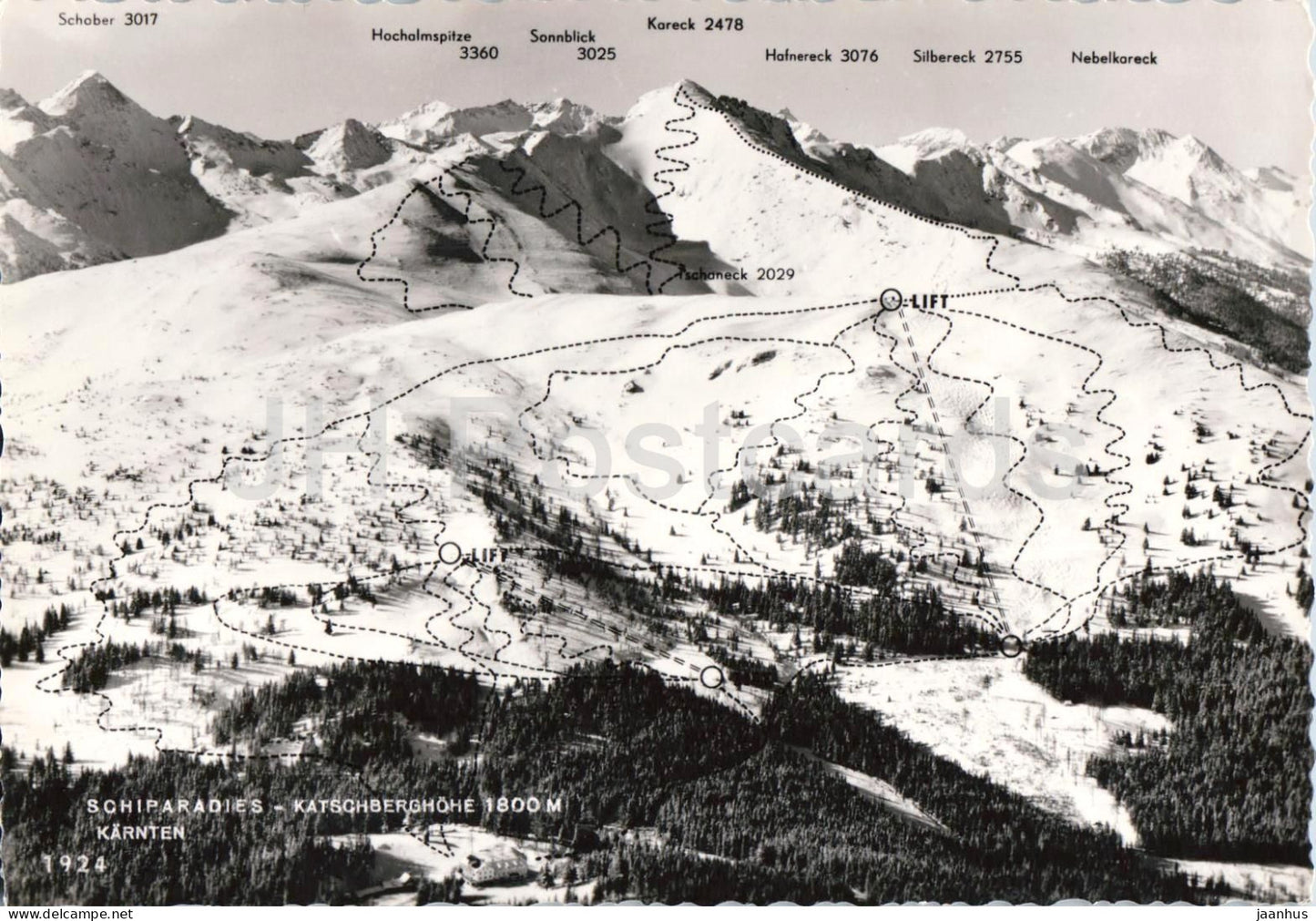 Schiparadies Katschberghohe 1800 m Karnten - ski area winter sports mountains - 1924 - old postcard - Austria - unused - JH Postcards