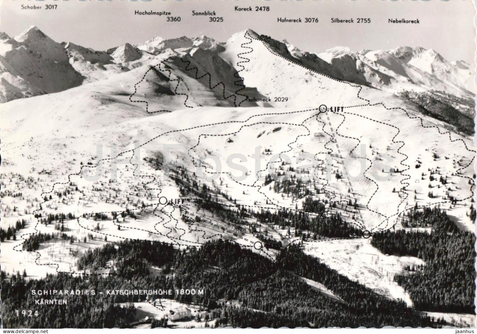 Schiparadies Katschberghohe 1800 m Karnten - ski area winter sports mountains - 1924 - old postcard - Austria - unused - JH Postcards