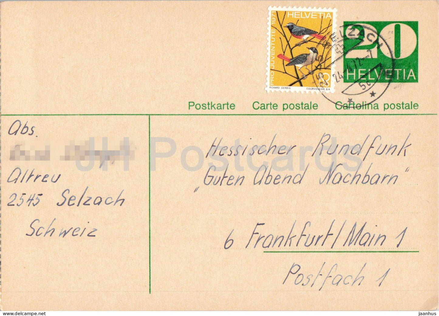 Guten Abend Nachbarn - Hessischer Rundfunk - postal stationery - 17 - 1972 - Switzerland - used - JH Postcards