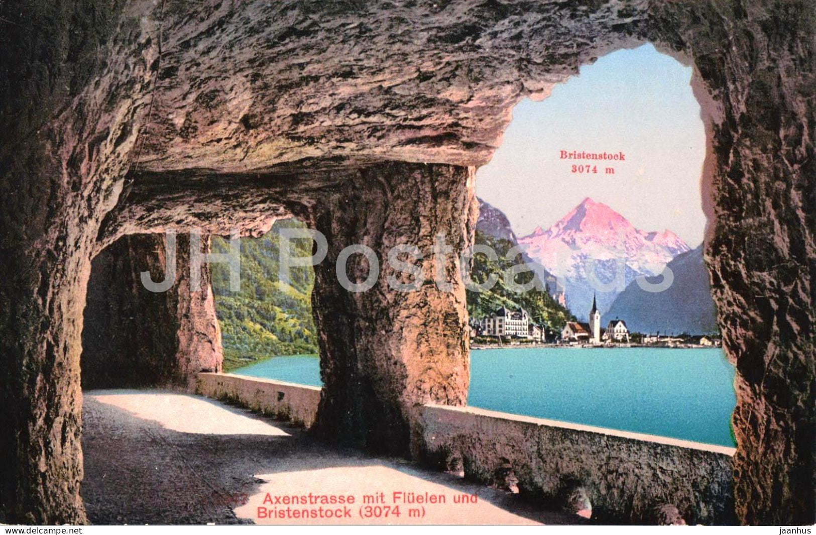 Axenstrasse mit Fluelen und Bristenstock - tunnel road - lake - mountains - 3347 - old postcard - Switzerland - unused - JH Postcards