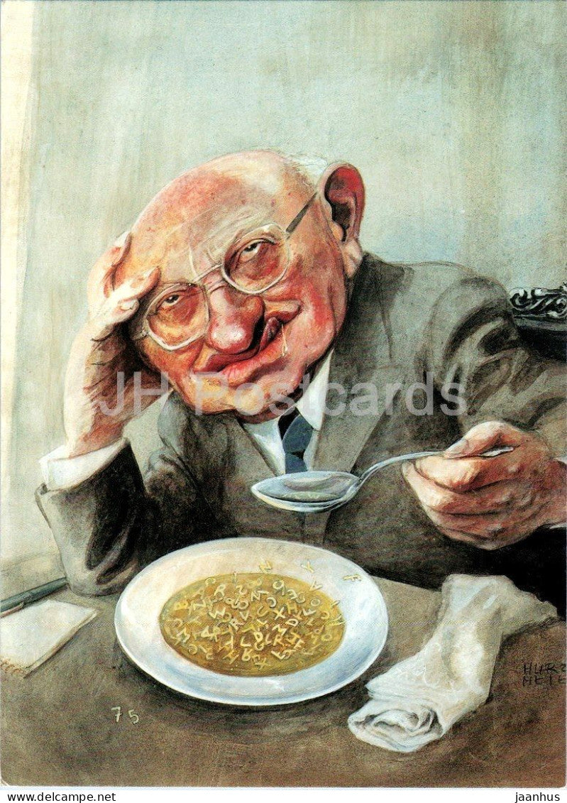 painting by Rudi Hurzlmeier - Marcel RR - Lebende Legenden - caricature - German art - 1990s - Germany - unused - JH Postcards