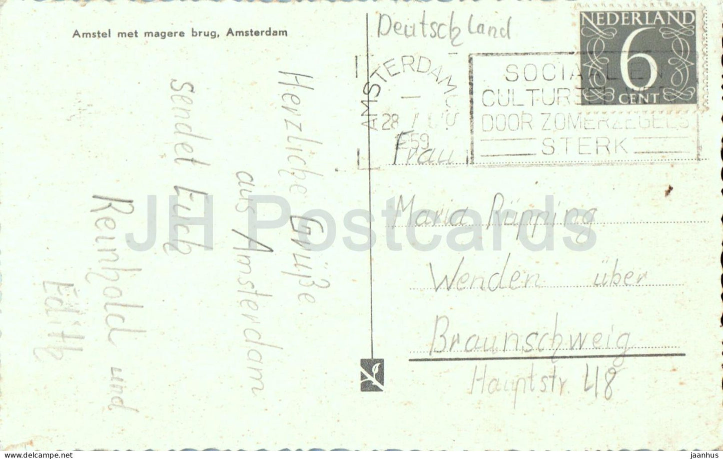 Amsterdam - Amstel met magere Brug - Amstel with Bridge - canal - bridge - old postcard - 1959 - Netherlands - used