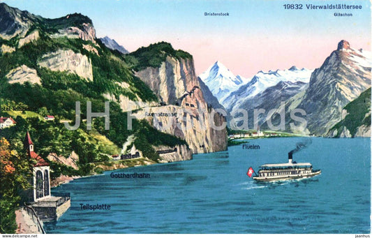 Vierwaldstattersee Tellsplatte Axenstrasse Fluelen Bristenstock - boat - ship old postcard - 1923 - Switzerland - used - JH Postcards