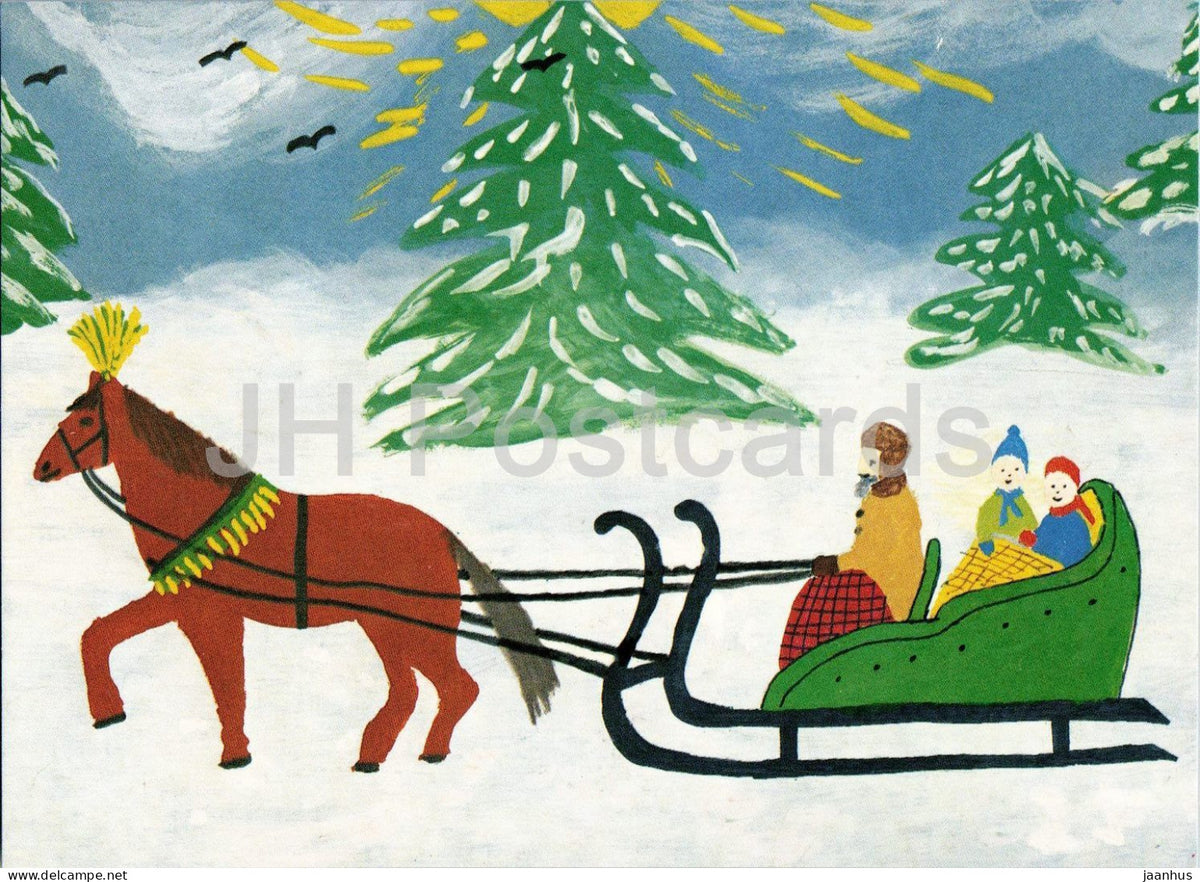 childrens drawing by Michel - horse drawn sleigh in winter - horse - birds - SOS-Kinderdorfer - 1988 - Germany - unused - JH Postcards
