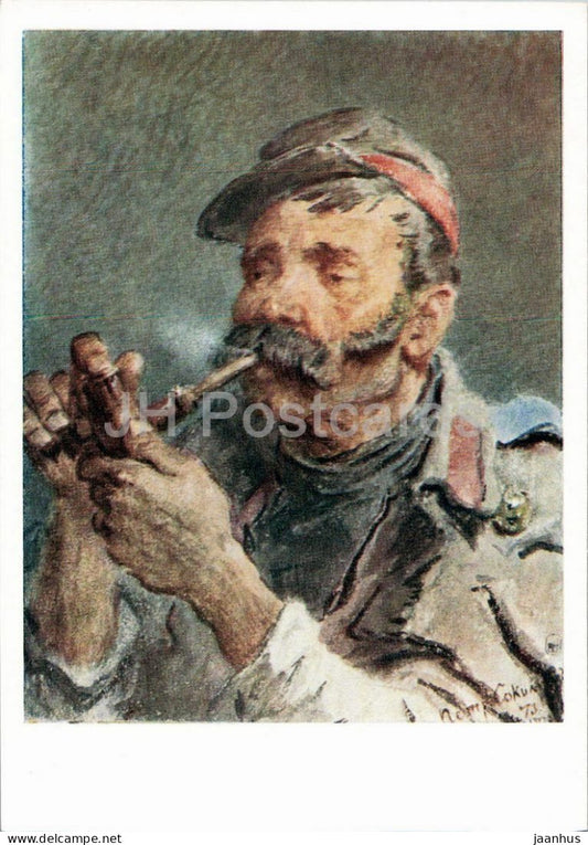 painting by Pyotr Sokolov - A Soldier Lighting His Pipe - military - Russian art - 1960 - Russia USSR - unused - JH Postcards