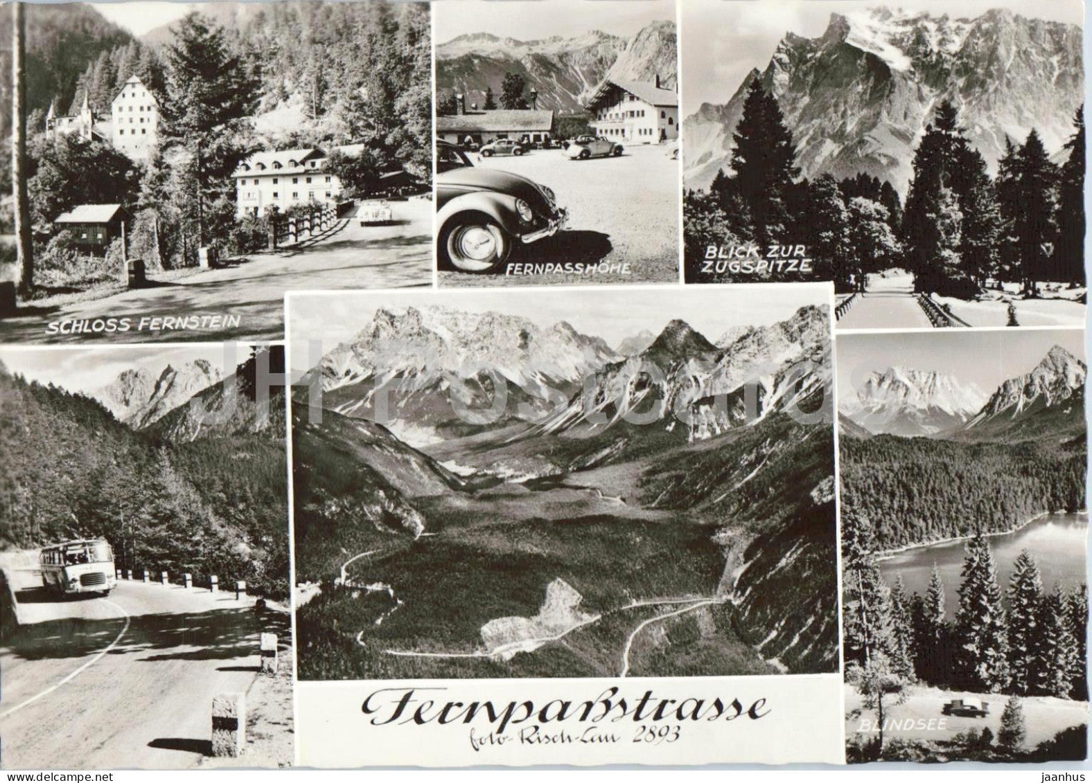 Fernpassstrasse - Schloss Fernstein - Fernpasshohe - car Volkswagen - bus - 2893 - old postcard - Austria - unused - JH Postcards