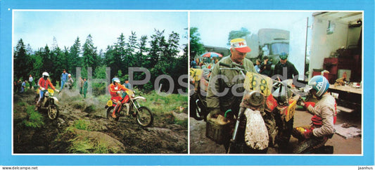 Enduro II - Enduro riders - forest mud section - service area - motorbike - racing motorsport - Czech Republic - unused - JH Postcards
