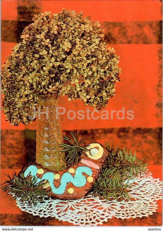New Year Greeting card - 4 - gingerbread - plants - 1984 - Estonia USSR - used - JH Postcards