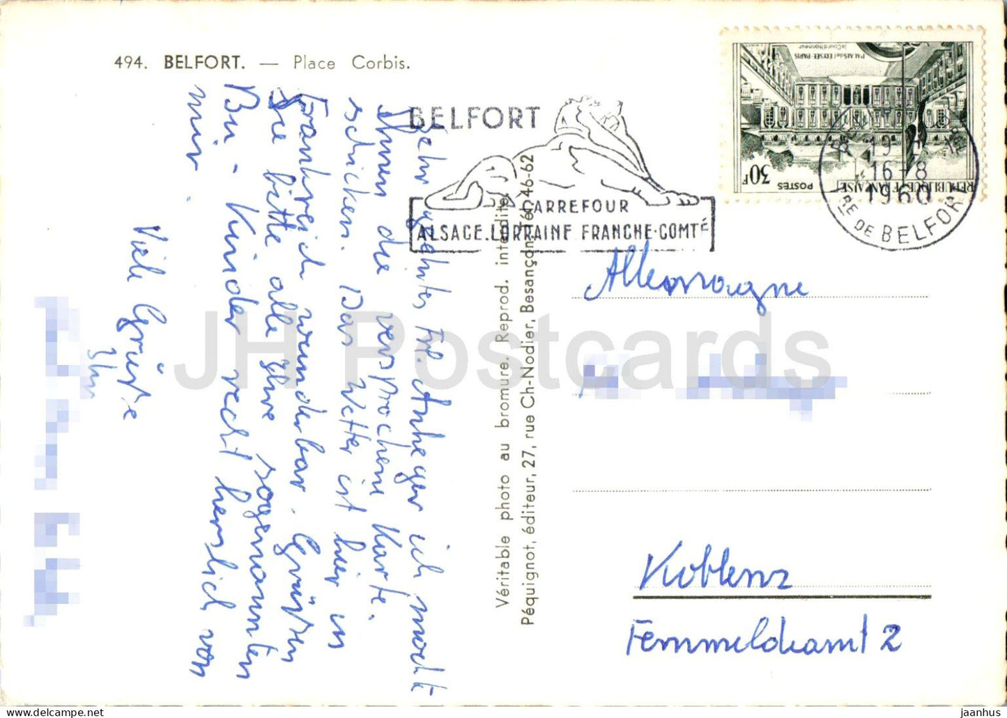 Belfort - Place Corbis - Banque - square - scène de rue - voitures - pergola banque 494 - vieille carte postale - 1960 - France - oblitérée